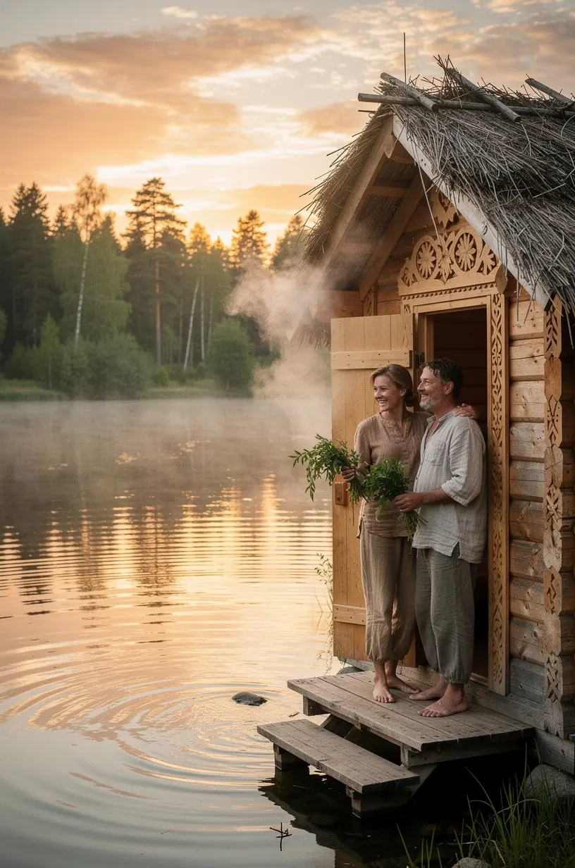 Rühm inimesi naudib saunakogemust looduses, rõhutades tervist ja ühiseid hetki.